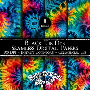 May include: Eight digital papers featuring black tie dye patterns in a variety of colors, including blue, red, yellow, and green. The papers are seamless and can be used for a variety of projects, such as scrapbooking, card making, and digital design. 300 DPI - Instant Download - Commercial Use