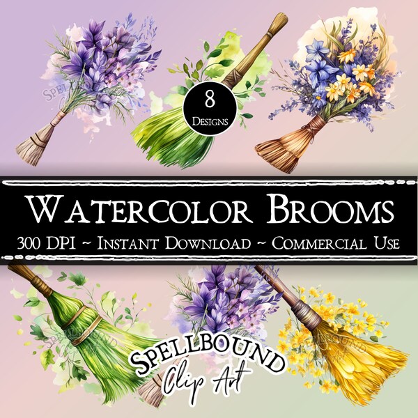 Watercolor Floral Witch Brooms, Digital Clipart, Commercial Use, Instant Download, Pagan Wiccan Clip Art, PNG, Besom Clipart