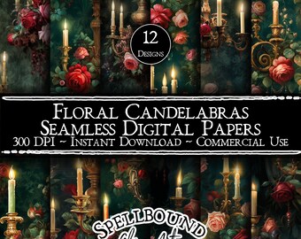 Floral Candelabras Seamless Digital Papers, Commercial Use, Instant Download, Romantic Clipart, Victorian, Vintage Floral Wallpaper, Rococo