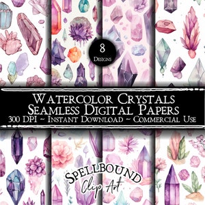 Watercolor Crystals Seamless Digital Papers, Commercial Use, Instant Download, Crystal Clipart, Healing Crystals, Crystals and Flowers