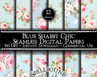 Blue Shabby Chic Seamless Digital Papers, Commercial Use, Instant Download, Flower Clipart, Vintage Floral Wallpaper, Farmhouse Decor