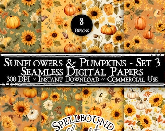 Papeles digitales de girasol y calabaza, sin costuras, uso comercial, descarga instantánea, imágenes prediseñadas de otoño, imágenes prediseñadas de Halloween