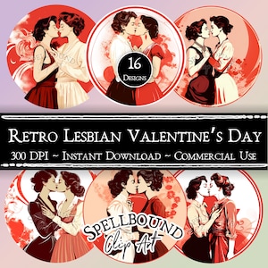 Clipart digital lésbico retrô, uso comercial, download instantâneo, clipart gay, PNG, clipart LGBTQ, clipart do dia dos namorados, mulheres se beijando