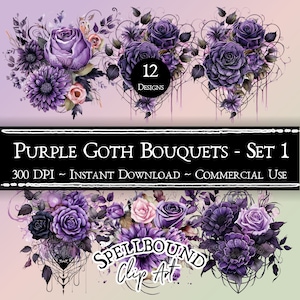 Lila Gothic Blumensträuße digitale Clipart, kommerzielle Nutzung, Sofort-Download, Goth Blume Clip Art, PNG, lila Blumen, Goth Clipart