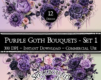 May include: A set of 12 digital clip art images featuring purple gothic bouquets with roses, black flowers, and vines. The text "PURPLE GOTH BOUQUETS - SET 1" and "SPELLBOUND Clip Art" is included in the image.