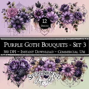 Purple Gothic Flower Bouquets Digital Clipart, Commercial Use, Instant Download, Goth Flower Clip Art, PNG, Purple Flowers, Goth Clipart