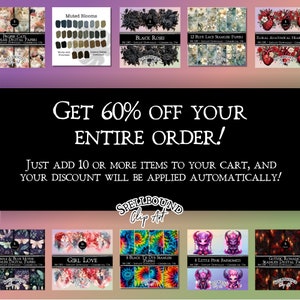 May include: A collage of digital paper packs for commercial use. The image features a variety of designs, including floral, gothic, and whimsical themes. The text "GET 60% OFF YOUR ENTIRE ORDER!" is displayed in large, bold letters. The text "JUST ADD 10 OR MORE ITEMS TO YOUR CART, AND YOUR DISCOUNT WILL BE APPLIED AUTOMATICALLY!" is displayed in smaller letters below the main text. The text "SPELLBOUND Clip Art" is displayed in a stylized font at the bottom of the image.