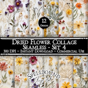 Papéis digitais sem costura de papel prensado à mão, uso comercial, download instantâneo, clipart de flores, flores secas, colagem