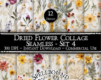 Papel prensado a mano Papeles digitales sin costuras, uso comercial, descarga instantánea, imágenes prediseñadas de flores, flores secas, collage