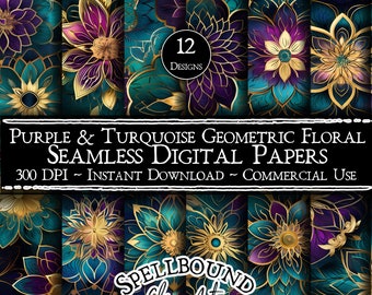 Purple and Turquoise Geometric Floral Seamless Digital Papers, Commercial Use, Instant Download, Mandala, Flowers