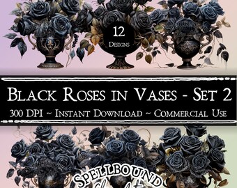 Black Roses in Vases Digital Clipart, Commercial Use, Instant Download, Goth Flowers, PNG, Flower Bouquets, Goth Clipart, Valentine's Day