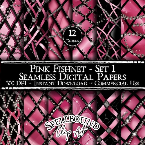 Pink and Black Fishnet Seamless Digital Papers, Commercial Use, Instant Download, Sexy Clipart, Valentine's Day Clip Art, Rhinestone Clipart