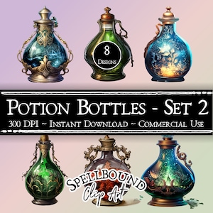 Potion Bottles Digital Clipart, Commercial Use, Instant Download, Witch Clipart, Witchcraft, PNG, Vintage Bottles, Antique Bottles, Magic