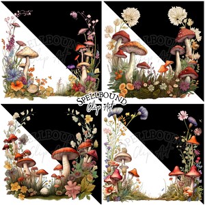 Puede incluir: Cuatro ilustraciones digitales de esquinas con setas, flores y hojas en un estilo caprichoso. Las esquinas son negras y blancas con un fondo blanco y un borde negro. Las setas son rojas y blancas con tallos marrones. Las flores son de varios colores, incluyendo rosa, morado, amarillo y azul. Las hojas son verdes y marrones.