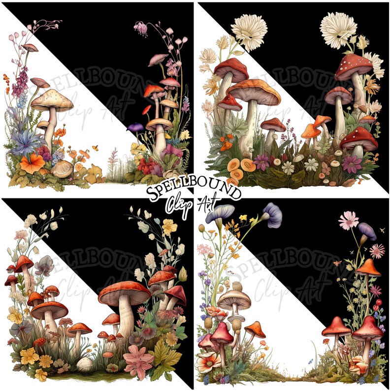 Puede incluir: Cuatro ilustraciones digitales de esquinas con setas, flores y hojas en un estilo caprichoso. Las esquinas son negras y blancas con un fondo blanco y un borde negro. Las setas son rojas y blancas con tallos marrones. Las flores son de varios colores, incluyendo rosa, morado, amarillo y azul. Las hojas son verdes y marrones.