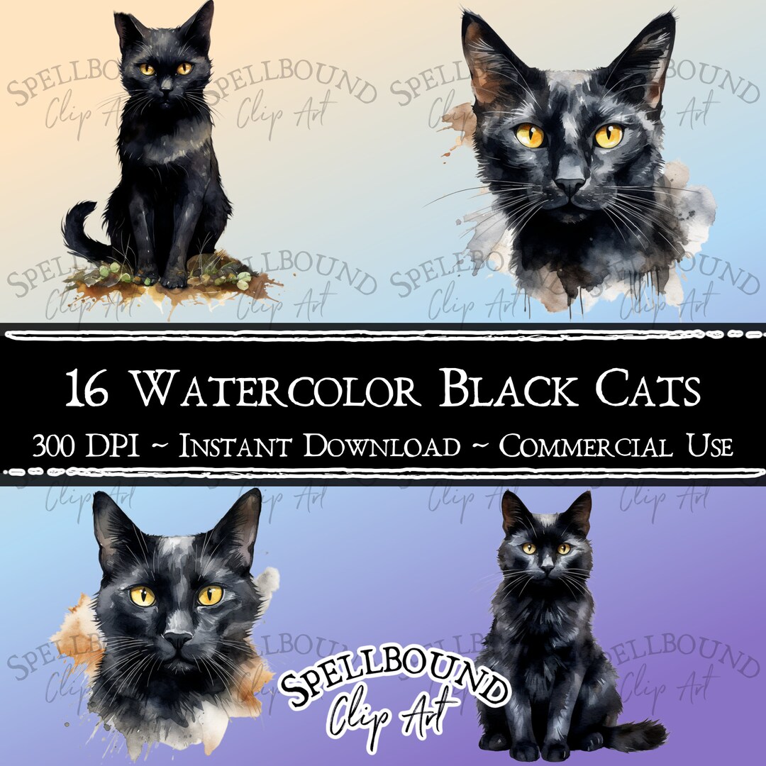 Watercolor Black Cats Digital Clipart Commercial Use Instant - Etsy