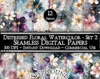 Distressed Watercolor Floral Seamless Digital Papers, Commercial Use, Instant Download, Abstract Flower Clipart, Watercolor Flowers