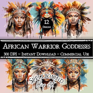 African Warrior Goddess Digital Clipart, Commercial Use, Instant Download, Goddess Clip Art, PNG, Melanin Goddess, Tribal Warrior