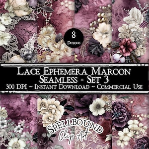Papiers numériques sans couture éphémères dentelle bordeaux, usage commercial, téléchargement immédiat, clipart fleur, clipart vintage