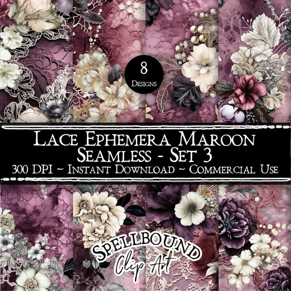 Maroon Lace Ephemera Seamless Digital Papers, Commercial Use, Instant Download, Flower Clipart, Vintage Clipart