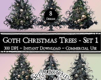 Goth Christmas Trees Digital Clipart, Commercial Use, Instant Download, Christmas Clip Art, Goth Christmas, Christmas Skull, PNG
