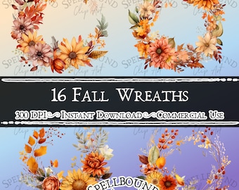 Fall Wreath Digital Clipart, Commercial Use, Instant Download, Fall Clipart, Autumn Clip Art, Fall Flowers, PNG