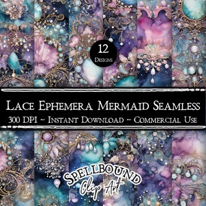 Mermaid Lace Ephemera Seamless Digital Papers, Commercial Use, Instant Download, Rhinestone Clipart, Vintage Jewels