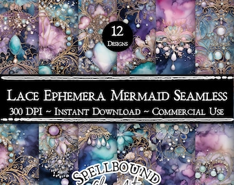 Mermaid Lace Ephemera Seamless Digital Papers, Commercial Use, Instant Download, Rhinestone Clipart, Vintage Jewels