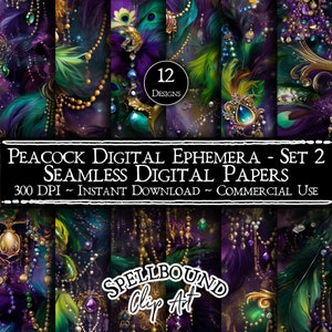 Peacock Digital Ephemera Seamless Digital Papers, Commercial Use, Instant Download, Vintage Clipart, Peacock Feather, Junk Journal