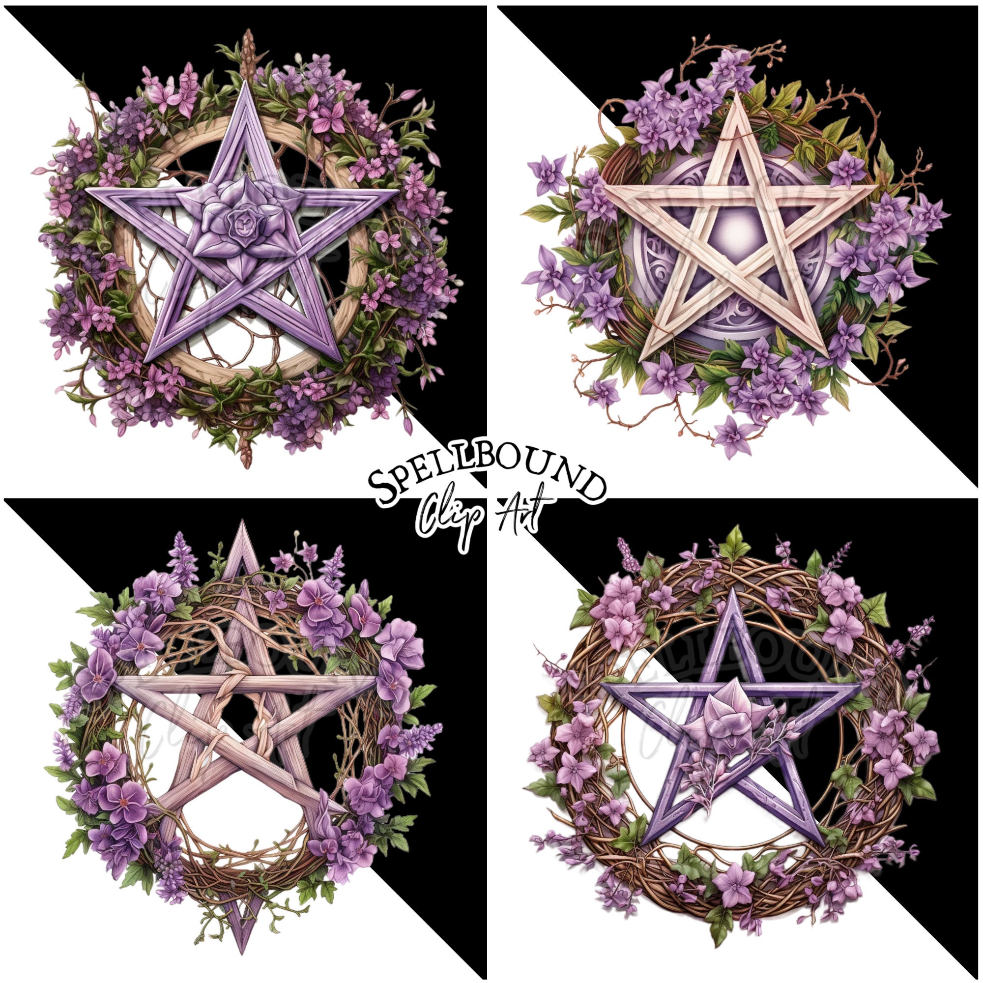 Purple Floral Pentagrams Digital Clipart, Commercial Use, Instant ...
