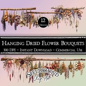 Clipart digital de buquê de flores secas penduradas, uso comercial, download instantâneo, pagão, wiccano, clipart de forrageamento, PNG, clipart de bruxa