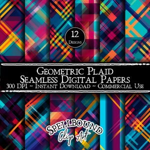 May include: Twelve digital paper designs featuring geometric plaid patterns in vibrant colors like red, blue, yellow, and orange. The papers are seamless and perfect for crafting projects, scrapbooking, and digital design.