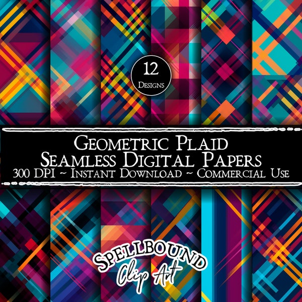 Geometric Plaid Seamless Digital Papers, Commercial Use, Instant Download, Geometric Clipart, Seamless Pattern, Bright Plaid