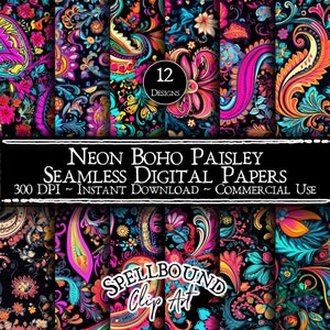 Neon Boho Paisley Seamless Digital Papers, Zastosowanie komercyjne, Natychmiastowe pobieranie, Jasny wzór Paisley, Bezszwowy wzór Paisley, Neon Paisley