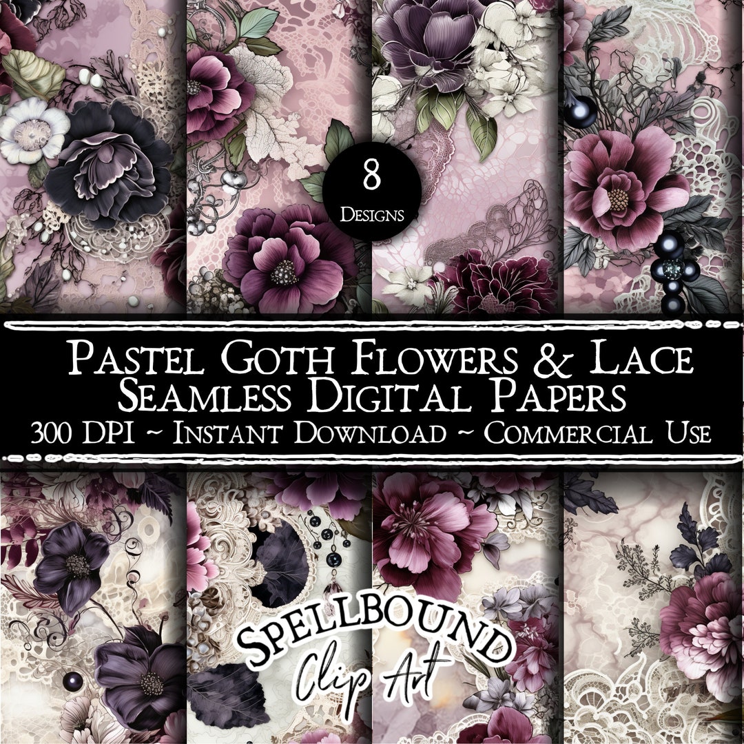 Pastel Goth Flowers and Lace Seamless Digital Papers, Commercial Use ...