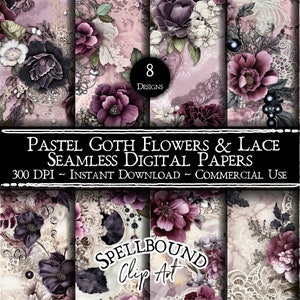 Pastel Goth Blumen und Spitze nahtlose digitale Papiere, kommerzielle Nutzung, sofortiger Download, Blumen Clipart, lila und schwarz, Spitze Ephemera