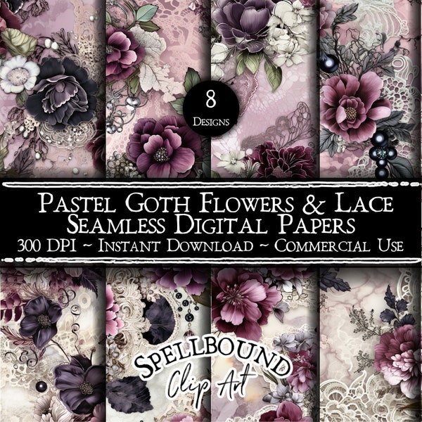 Pastel Goth Flowers and Lace Seamless Digital Papers, Commercial Use, Instant Download, Flower Clipart, Purple and Black, Lace Ephemera