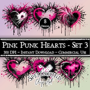 Rosa Punk-Herzen Digitale Clipart, kommerzielle Nutzung, Sofort-Download, PNG, Grunge Clipart, Goth Valentinstag Clipart, Emo Clipart