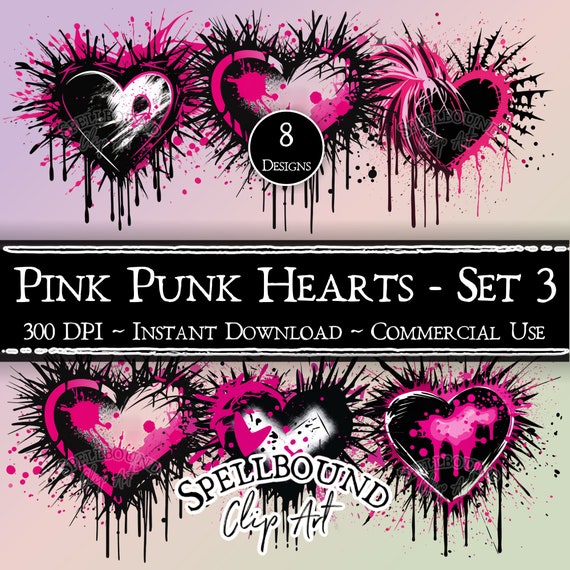 Pink Punk Hearts Digital Clipart, Commercial Use, Instant Download