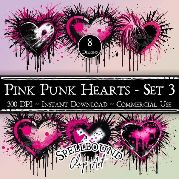 Pink Punk Hearts Digital Clipart, Commercial Use, Instant Download, PNG, Grunge Clipart, Goth Valentine's Day Clipart, Emo Clipart