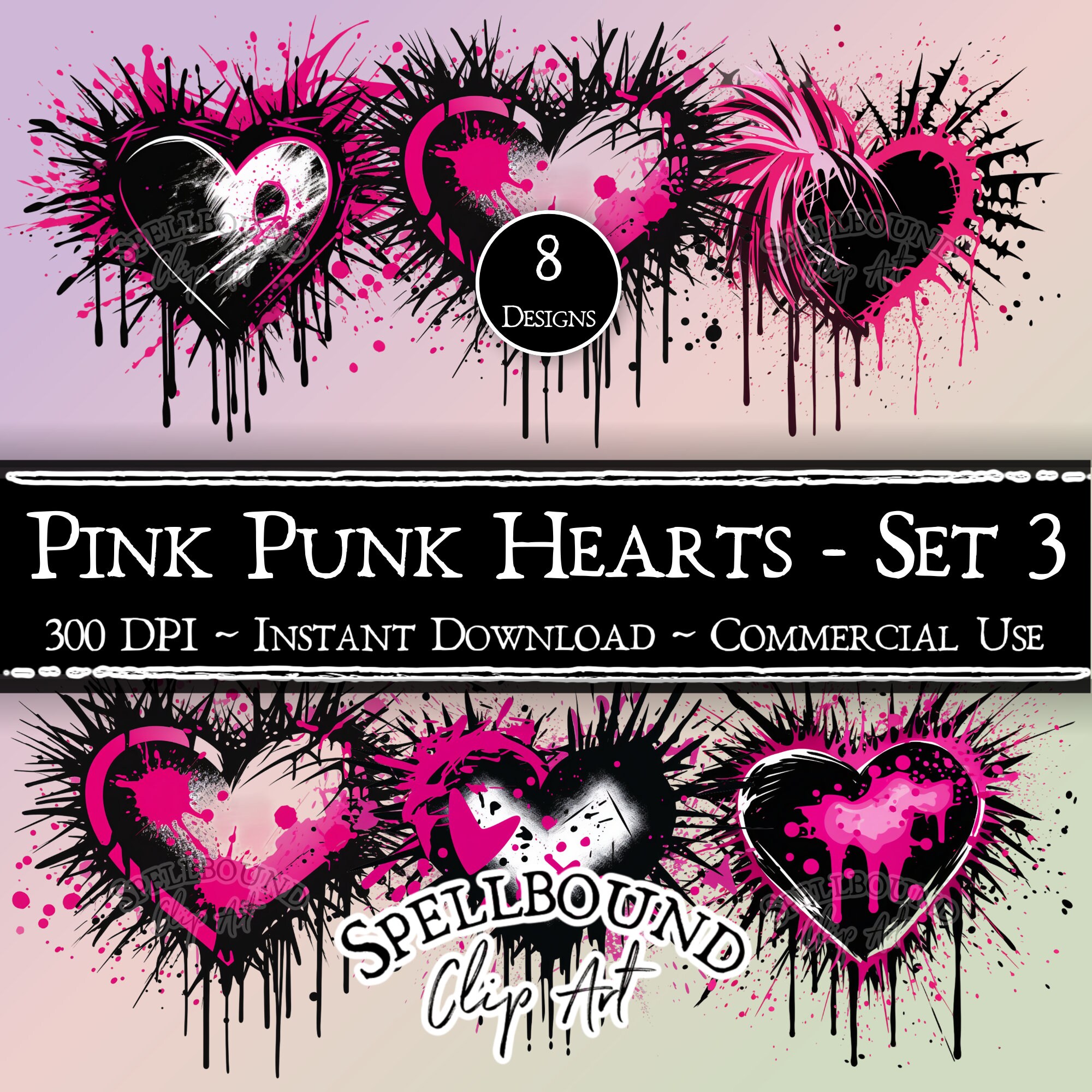 Pink Punk Hearts Digital Clipart, Commercial Use, Instant Download