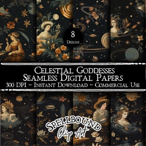 Puede incluir: Ocho diseños de papel digital con diosas celestiales, planetas, estrellas y flores sobre un fondo oscuro. El texto "Celestial Goddesses Seamless Digital Papers 300 DPI - Instant Download - Commercial Use" está en la parte inferior de la imagen. El texto "SPELLBOUND Clip Art" está en la parte inferior central de la imagen.
