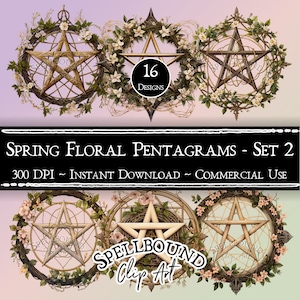 Clipart digital de pentagramas florais de primavera, uso comercial, download instantâneo, clipart pagão, clipart wiccan, clipart de bruxa, PNG, pentagrama