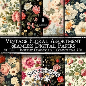 Vintage Floral Seamless Digital Papers, Użytek komercyjny, Natychmiastowe pobieranie, Wiktoriańskie Kliparty, Tapeta Vintage, Kliparty Kwiatowe, Antyczne