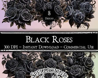 Black Roses Digital Clipart, Commercial Use, Instant Download, Goth Flowers, PNG, Roses, Goth Clipart, Valentine's Day