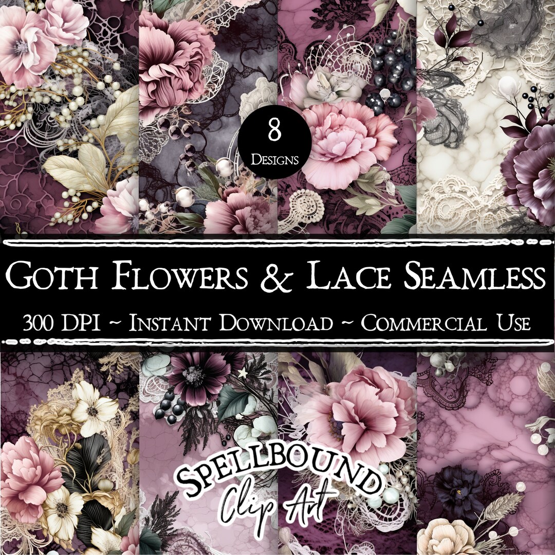 Goth Flowers and Lace Seamless Digital Papers, Commercial Use, Instant ...