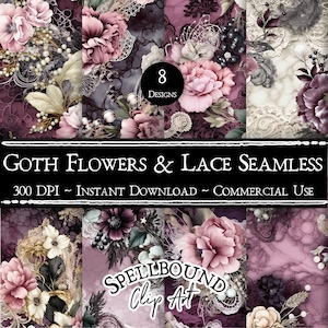 Goth bloemen en kant naadloze digitale papers, commercieel gebruik, Instant Download, bloem clipart, paars en zwart, Lace Ephemera