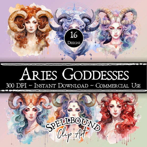 Watercolor Aries Goddess Digital Clipart, Commercial Use, Instant Download, Horned Goddess Clip Art, PNG, Astrology, Zodiac