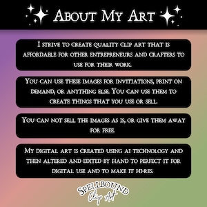 Puede incluir: Un gr&aacute;fico de arte digital con el texto "About My Art" en letras blancas sobre fondo negro. El texto est&aacute; rodeado de estrellas blancas. El gr&aacute;fico incluye cuatro cuadros con informaci&oacute;n sobre el arte digital. El texto en los cuadros es blanco sobre fondo negro. Los cuadros est&aacute;n sobre un fondo degradado rosa, naranja y amarillo.