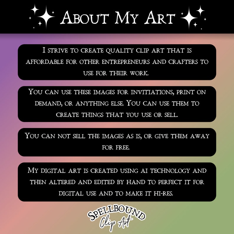 Puede incluir: Un gr&aacute;fico de arte digital con el texto "About My Art" en letras blancas sobre fondo negro. El texto est&aacute; rodeado de estrellas blancas. El gr&aacute;fico incluye cuatro cuadros con informaci&oacute;n sobre el arte digital. El texto en los cuadros es blanco sobre fondo negro. Los cuadros est&aacute;n sobre un fondo degradado rosa, naranja y amarillo.